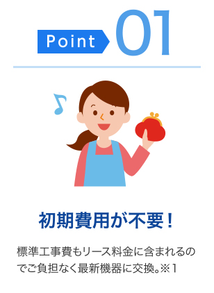 ＜ポイント01＞初期費用が不要！・・・標準工事費もリース料金に含まれるのでご負担なく最新機器に交換（※1）