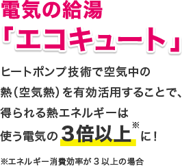 電気の給湯「エコキュート」ヒートポンプ技術で空気中の熱（空気熱）を有効活用することで、得られる熱エネルギーは使う電気の3倍以上 に！ ※エネルギー消費効率が3以上の場合