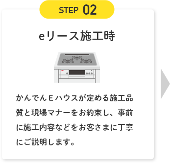 STEP02 eリース施工時 かんでんＥハウスが定める施工品質と現場マナーをお約束し、事前に施工内容などをお客さまに丁寧にご説明します。